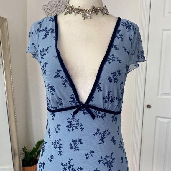 Motel Light Dark Blue Whimsygoth Crushed Velvet Floral Mini Mesh Dress S - Picture 3 of 7
